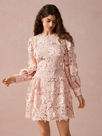 Floral Applique Round Neck Lantern Sleeve Lace Elegant Mini Dress,Fall Women Dress,Winter Women Dress,Fall Winter Women's Clothing,Fall Women Outfits,Winter Clothes,Winter Women Dress,Christmas Dress,Christmas Women Clothes