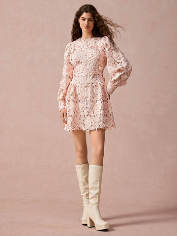Floral Applique Round Neck Lantern Sleeve Lace Elegant Mini Dress,Fall Women Dress,Winter Women Dress,Fall Winter Women's Clothing,Fall Women Outfits,Winter Clothes,Winter Women Dress,Christmas Dress,Christmas Women Clothes
