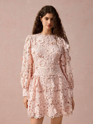 Floral Applique Round Neck Lantern Sleeve Lace Elegant Mini Dress,Fall Women Dress,Winter Women Dress,Fall Winter Women's Clothing,Fall Women Outfits,Winter Clothes,Winter Women Dress,Christmas Dress,Christmas Women Clothes