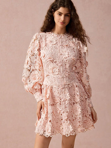 Floral Applique Round Neck Lantern Sleeve Lace Elegant Mini Dress,Fall Women Dress,Winter Women Dress,Fall Winter Women's Clothing,Fall Women Outfits,Winter Clothes,Winter Women Dress,Christmas Dress,Christmas Women Clothes