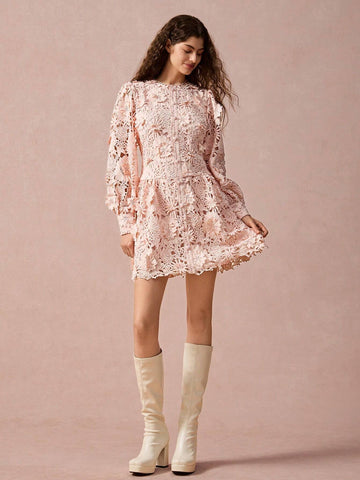 Floral Applique Round Neck Lantern Sleeve Lace Elegant Mini Dress,Fall Women Dress,Winter Women Dress,Fall Winter Women's Clothing,Fall Women Outfits,Winter Clothes,Winter Women Dress,Christmas Dress,Christmas Women Clothes