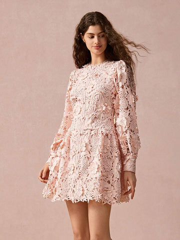 Floral Applique Round Neck Lantern Sleeve Lace Elegant Mini Dress,Fall Women Dress,Winter Women Dress,Fall Winter Women's Clothing,Fall Women Outfits,Winter Clothes,Winter Women Dress,Christmas Dress,Christmas Women Clothes