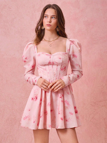 Floral Print Sweet Heart Neck Puff Sleeve Short Elegant Dress, Spring Summer
