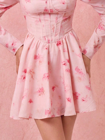 Floral Print Sweet Heart Neck Puff Sleeve Short Elegant Dress, Spring Summer