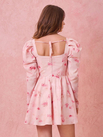 Floral Print Sweet Heart Neck Puff Sleeve Short Elegant Dress, Spring Summer