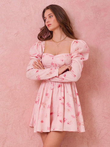 Floral Print Sweet Heart Neck Puff Sleeve Short Elegant Dress, Spring Summer