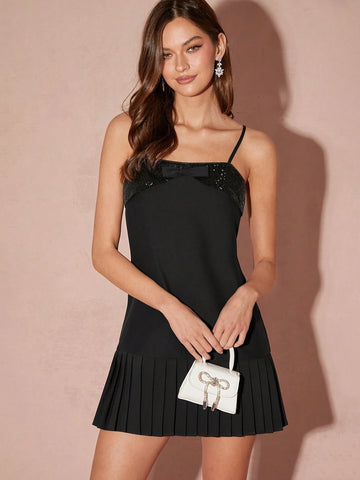 Glitter Black Slip Dress, Pressed Ruffles, Bow, Christmas Dress, Date Dress, Party Dress,Fall Winte