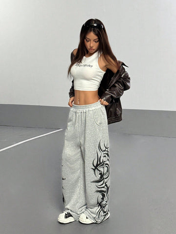 Women's Gray Gothic Graffiti Floral Print Street Style Loose Straight Leg Sweatpants