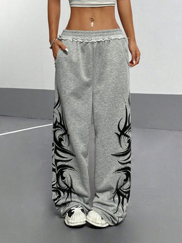Women's Gray Gothic Graffiti Floral Print Street Style Loose Straight Leg Sweatpants