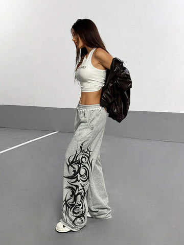 Women's Gray Gothic Graffiti Floral Print Street Style Loose Straight Leg Sweatpants