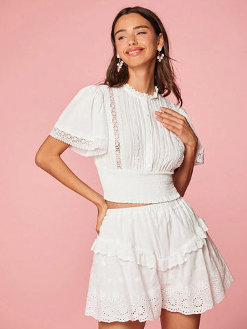 Women's Holiday White Cute Fashionable Sweet Embroidery Cinched Waist Shirt For Summer