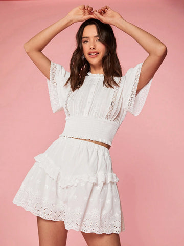 Women's Holiday White Cute Fashionable Sweet Embroidery Cinched Waist Shirt For Summer