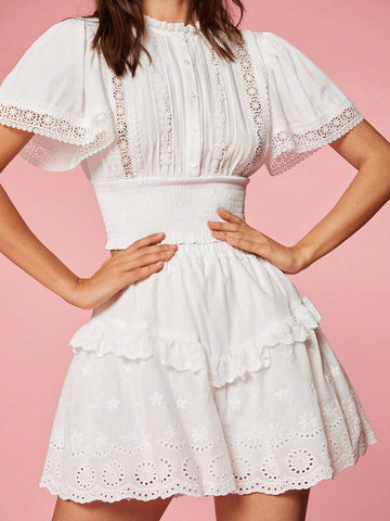 Women's Holiday White Cute Fashionable Sweet Embroidery Cinched Waist Shirt For Summer