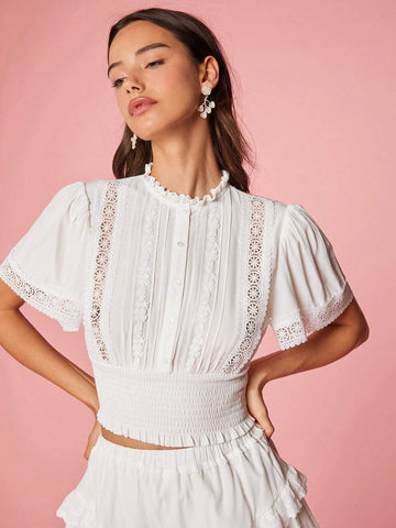 Women's Holiday White Cute Fashionable Sweet Embroidery Cinched Waist Shirt For Summer