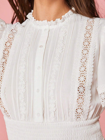 Women's Holiday White Cute Fashionable Sweet Embroidery Cinched Waist Shirt For Summer
