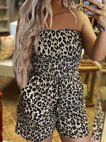 Women's Leopard Print Strapless Basic Jumpsuit For Everyday Wear