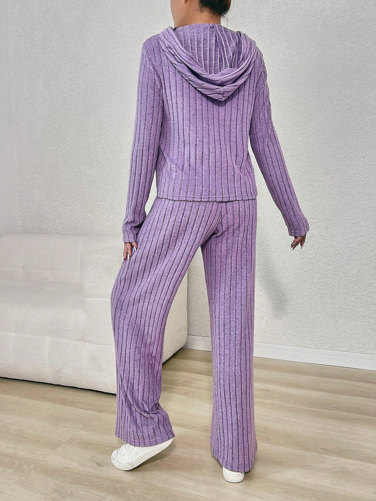 Women's New Fashion Casual Slouchy Purple Ribbed Hooded Top + Long Pants 2 Piece Set, Comfortable & Versatile, Suitable For Autumn/Winter/Spring Everyday Wear, Mommy And Me Matching Outfits (2 Sets Sold Separately)