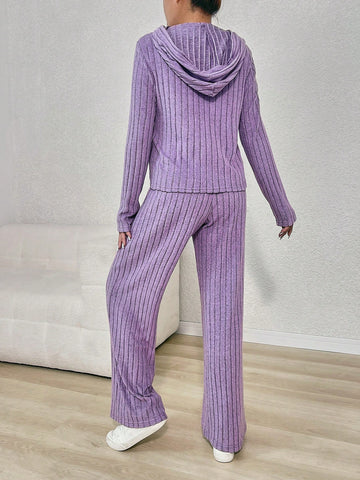 Women's New Fashion Casual Slouchy Purple Ribbed Hooded Top + Long Pants 2 Piece Set, Comfortable & Versatile, Suitable For Autumn/Winter/Spring Everyday Wear, Mommy And Me Matching Outfits (2 Sets Sold Separately)