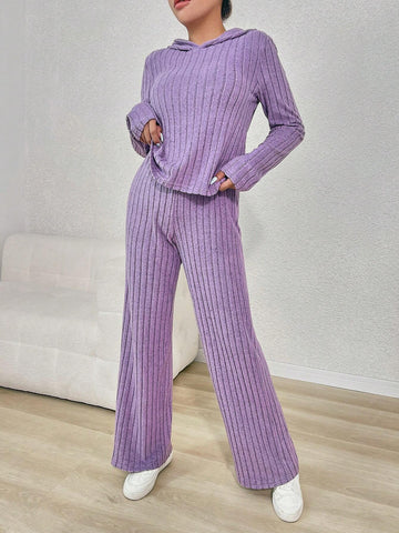 Women's New Fashion Casual Slouchy Purple Ribbed Hooded Top + Long Pants 2 Piece Set, Comfortable & Versatile, Suitable For Autumn/Winter/Spring Everyday Wear, Mommy And Me Matching Outfits (2 Sets Sold Separately)
