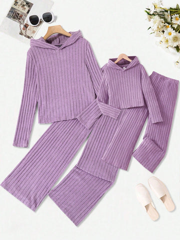Women's New Fashion Casual Slouchy Purple Ribbed Hooded Top + Long Pants 2 Piece Set, Comfortable & Versatile, Suitable For Autumn/Winter/Spring Everyday Wear, Mommy And Me Matching Outfits (2 Sets Sold Separately)