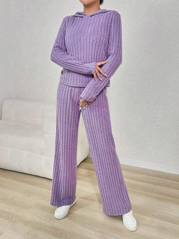 Women's New Fashion Casual Slouchy Purple Ribbed Hooded Top + Long Pants 2 Piece Set, Comfortable & Versatile, Suitable For Autumn/Winter/Spring Everyday Wear, Mommy And Me Matching Outfits (2 Sets Sold Separately)