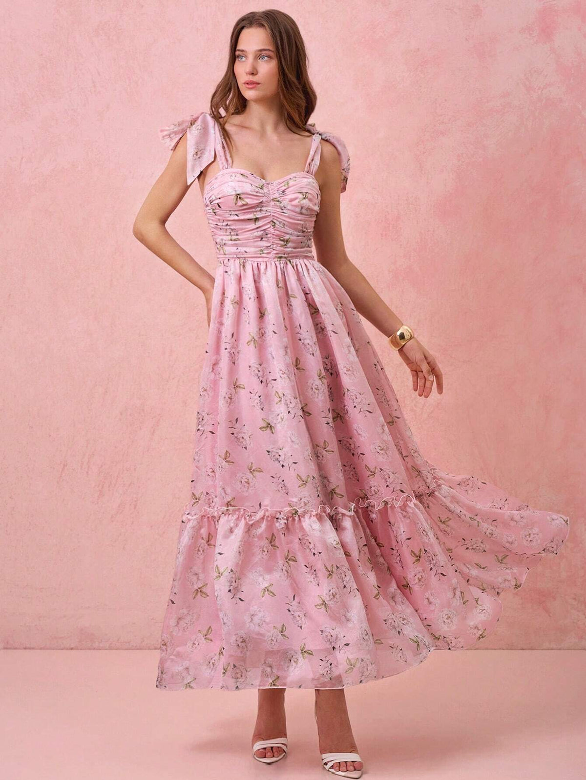 Women's Ombre Draw String Ruched Allover Print Dress