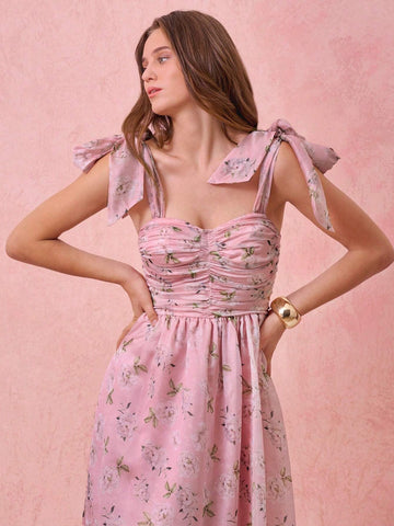 Women's Ombre Draw String Ruched Allover Print Dress