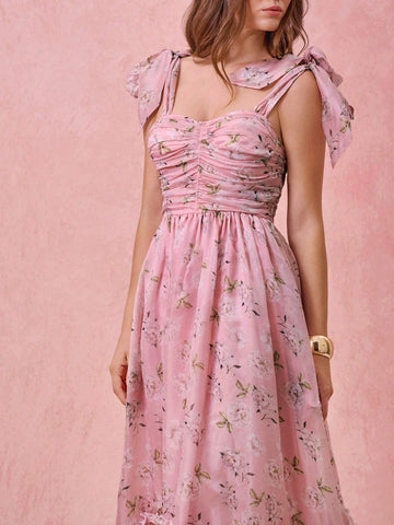 Women's Ombre Draw String Ruched Allover Print Dress