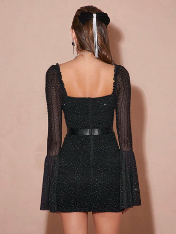 Women's Polka Dot Print Sweetheart Neckline Flared Sleeve Short Elegant Dress