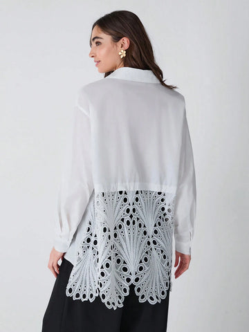 Women's Solid Color Front Button Casual Long Sleeve Hollow Out Vacation Blouse