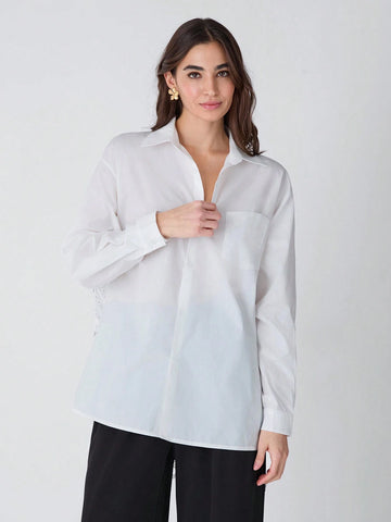 Women's Solid Color Front Button Casual Long Sleeve Hollow Out Vacation Blouse