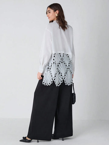 Women's Solid Color Front Button Casual Long Sleeve Hollow Out Vacation Blouse