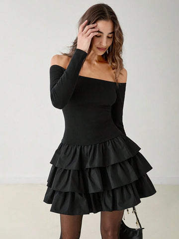 Women's Solid Color Off Shoulder Long Sleeve Layered Ruffle Hem Elegant Dress, Spring & Summer