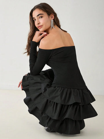 Women's Solid Color Off Shoulder Long Sleeve Layered Ruffle Hem Elegant Dress, Spring & Summer