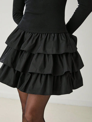 Women's Solid Color Off Shoulder Long Sleeve Layered Ruffle Hem Elegant Dress, Spring & Summer