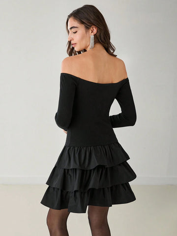 Women's Solid Color Off Shoulder Long Sleeve Layered Ruffle Hem Elegant Dress, Spring & Summer