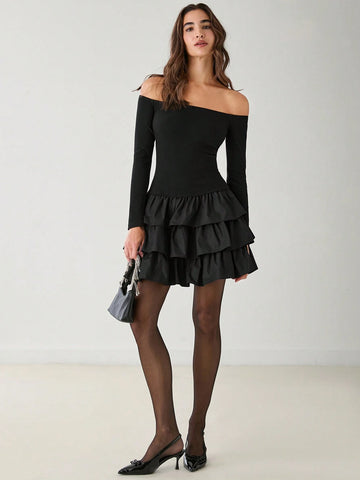 Women's Solid Color Off Shoulder Long Sleeve Layered Ruffle Hem Elegant Dress, Spring & Summer