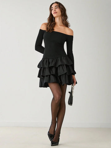 Women's Solid Color Off Shoulder Long Sleeve Layered Ruffle Hem Elegant Dress, Spring & Summer