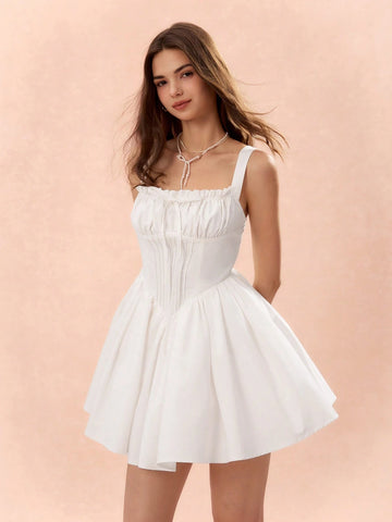 Solid Color Ruched Front Tied Casual Cami Mini Dress