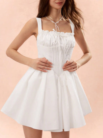 Solid Color Ruched Front Tied Casual Cami Mini Dress