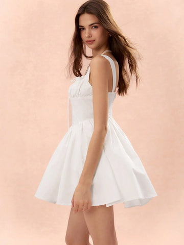 Solid Color Ruched Front Tied Casual Cami Mini Dress