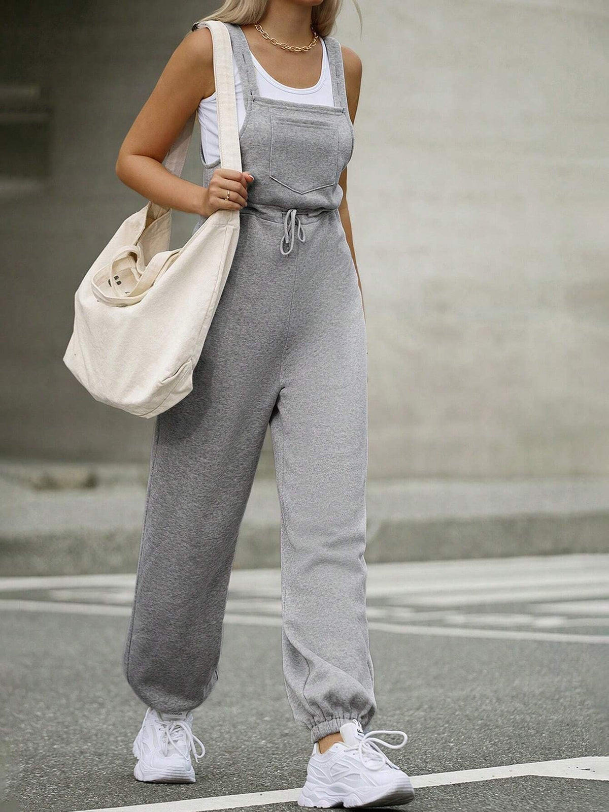 Women's Solid Color Wide Strap Pocket Front Tie Casual Jumpsuit