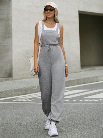 Women's Solid Color Wide Strap Pocket Front Tie Casual Jumpsuit