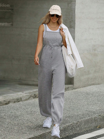 Women's Solid Color Wide Strap Pocket Front Tie Casual Jumpsuit