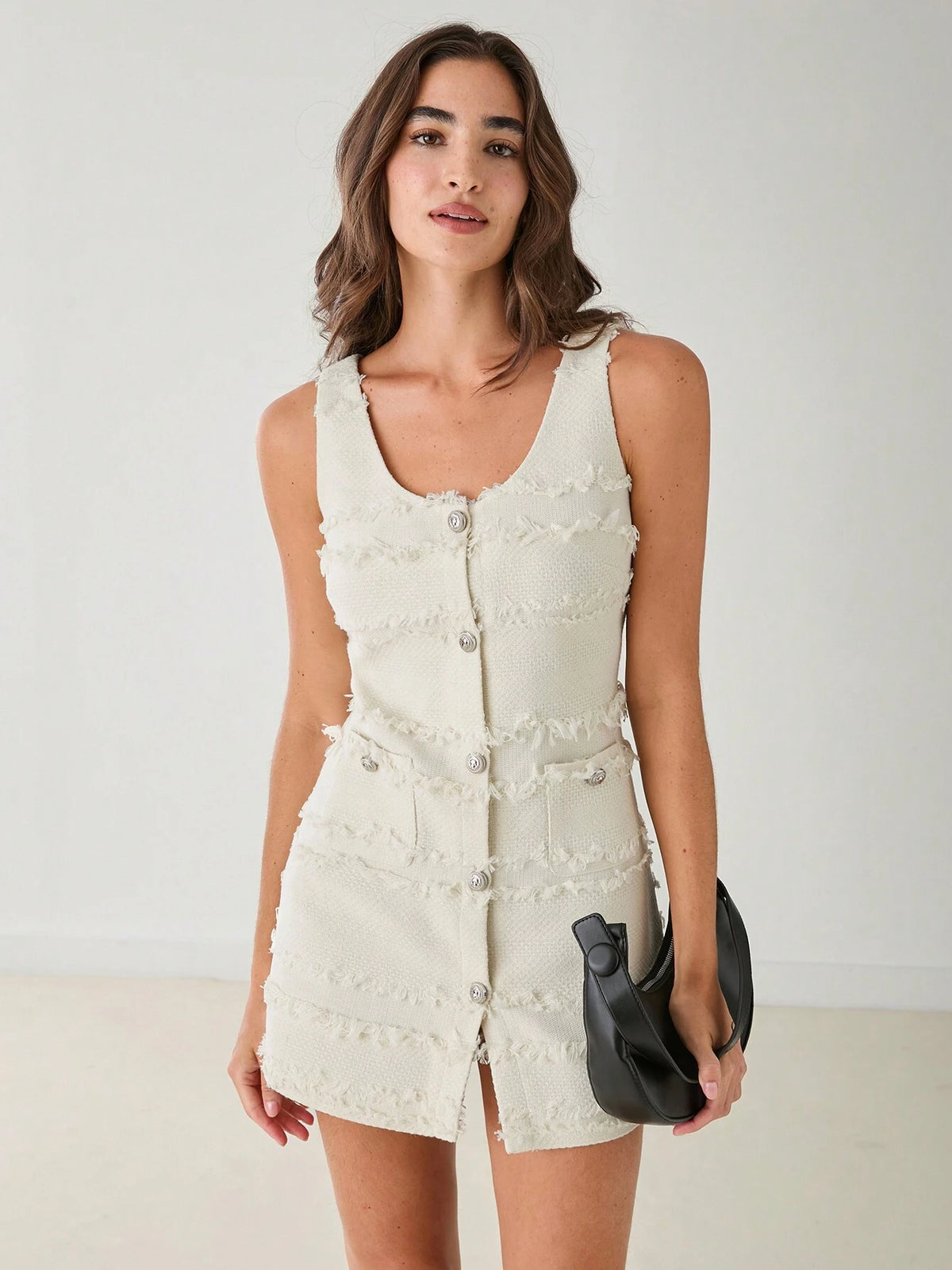 Women's Summer Solid Color Single-Breasted Fringe Trim Sleeveless Pocket Elegant Mini Dress