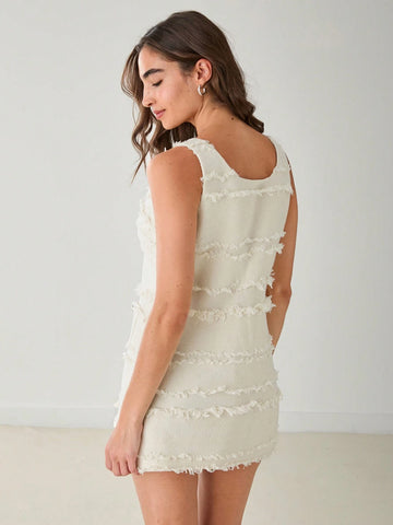 Women's Summer Solid Color Single-Breasted Fringe Trim Sleeveless Pocket Elegant Mini Dress