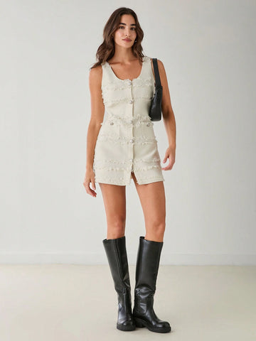 Women's Summer Solid Color Single-Breasted Fringe Trim Sleeveless Pocket Elegant Mini Dress