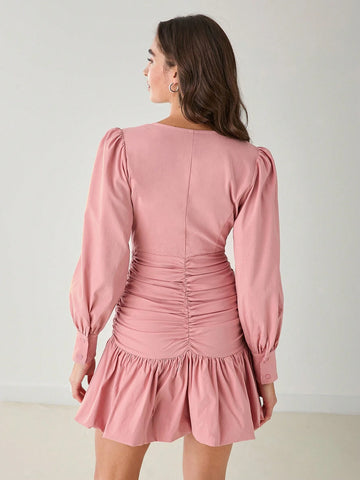 Women's V Neck Long Sleeve Pleated Elegant Slim Bubble Dress, Fall Women's Dresses, Winter Women's