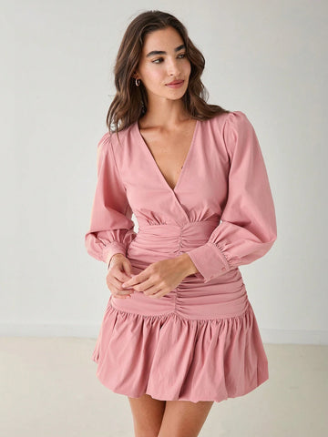 Women's V Neck Long Sleeve Pleated Elegant Slim Bubble Dress, Fall Women's Dresses, Winter Women's