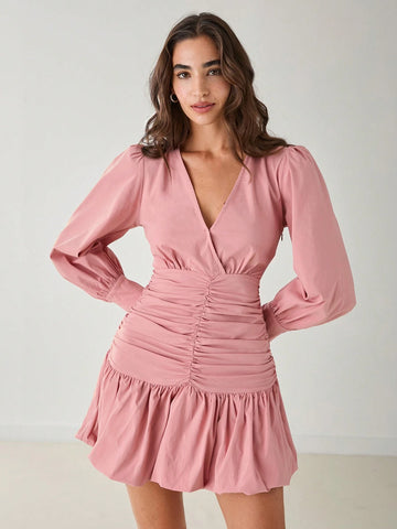 Women's V Neck Long Sleeve Pleated Elegant Slim Bubble Dress, Fall Women's Dresses, Winter Women's